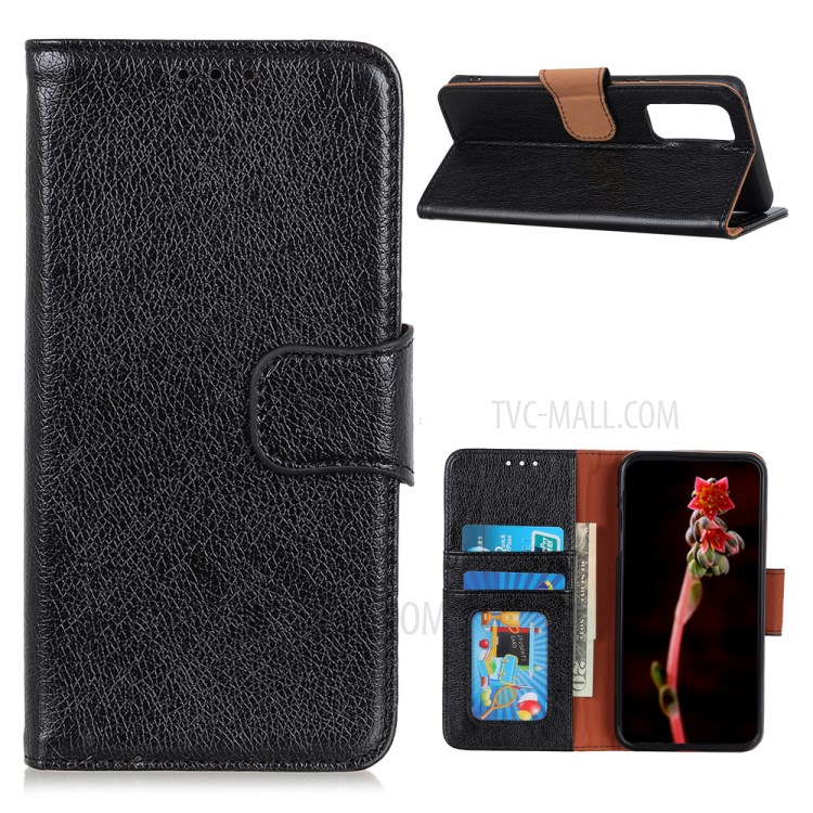 Nappa Texture Protector Split Leather Wallet Stand Phone Cover for Oppo Reno4 4G - Black-1