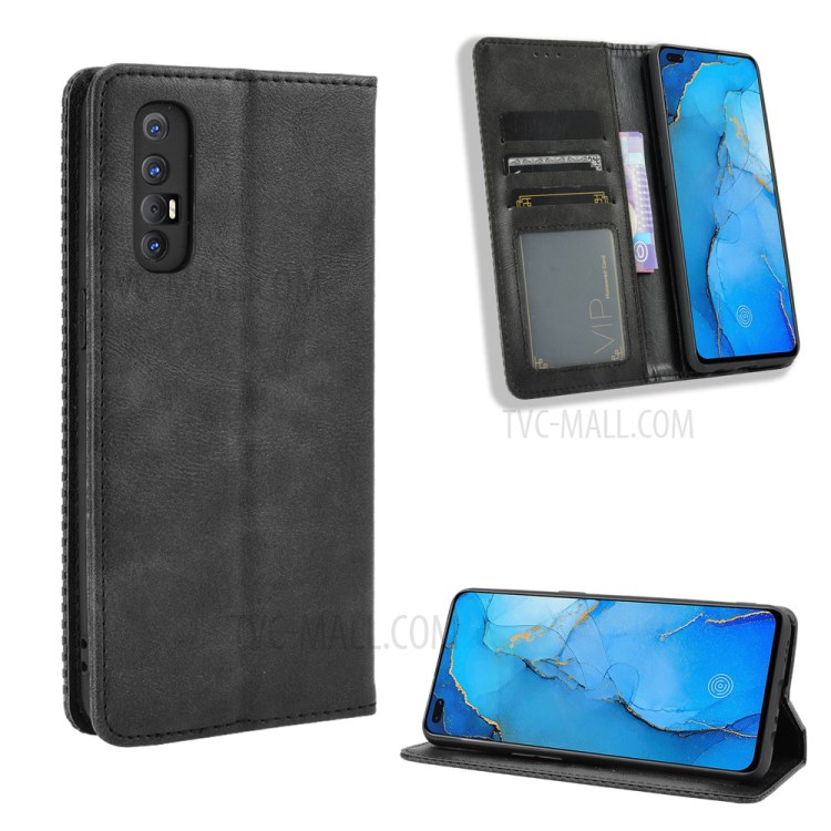 Auto-absorbed Retro PU Leather Cover for Oppo Reno3 Pro - Black-1