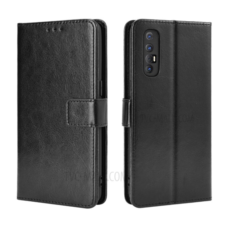 Crazy Horse Texture Wallet Leather Shell for OPPO Reno3 Pro - Black-3