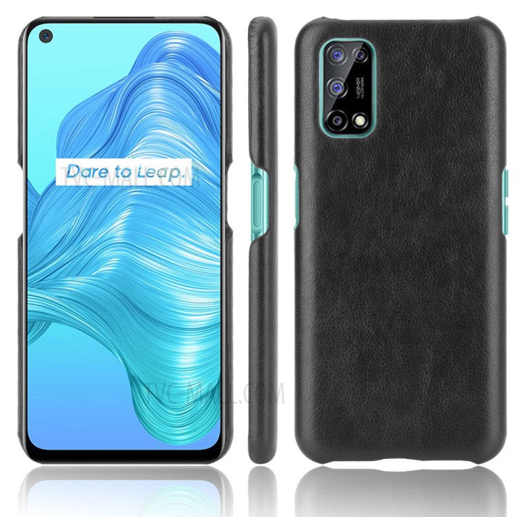 Litchi Texture PU Leather Coated Plastic Protector Cover for Realme V5 5G - Black-1