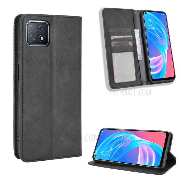 Vintage Style Phone Shell Leather Wallet Stand Case for Oppo A72 5G - Black-1