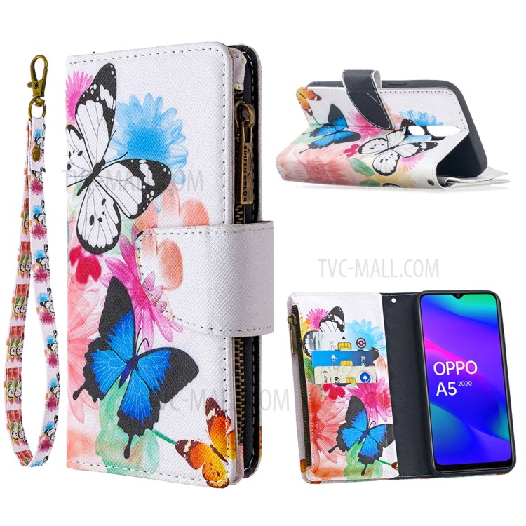BF03 Printing Zipper Wallet Leather Cover for Oppo A5 (2020) - Vivid Butterfly-1
