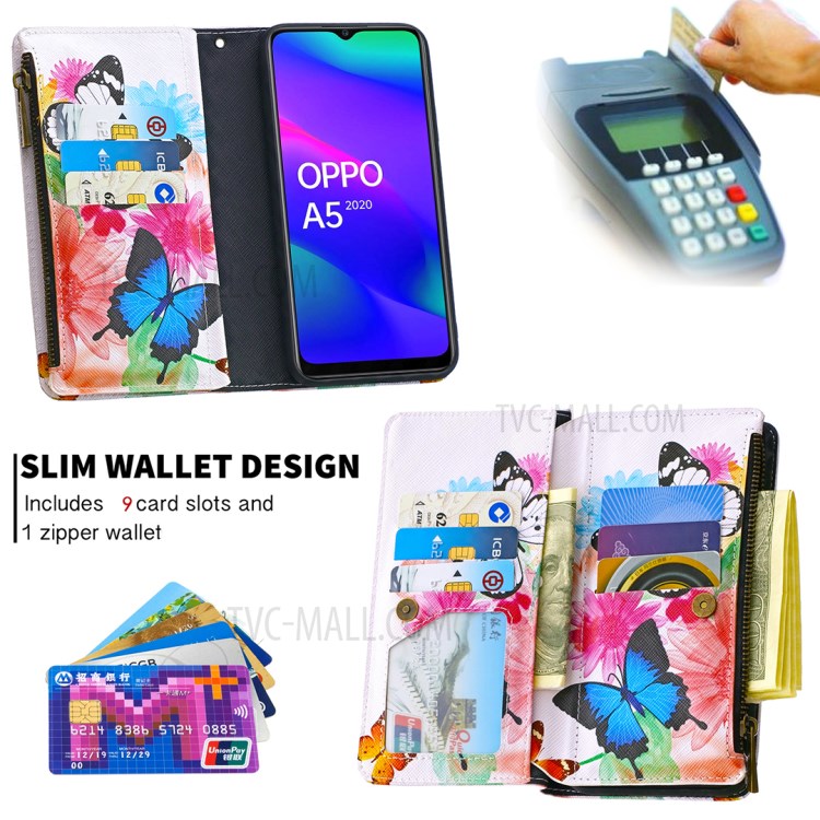 BF03 Printing Zipper Wallet Leather Cover for Oppo A5 (2020) - Vivid Butterfly-5