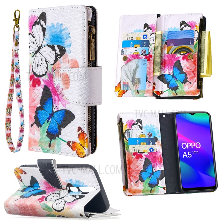 BF03 Printing Zipper Wallet Leather Cover for Oppo A5 (2020) - Vivid Butterfly-6