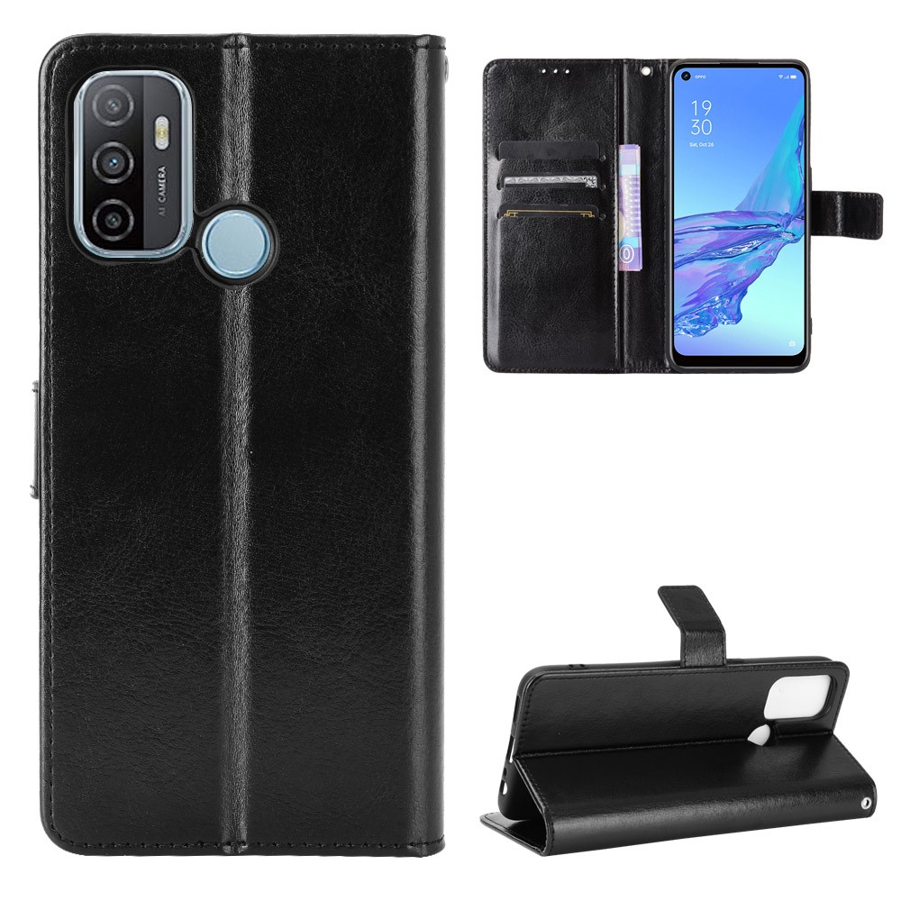 Crazy Horse Texture Protector Wallet Stand Leather Shell for Oppo A53(2020)/A32 (2020) - Black-7