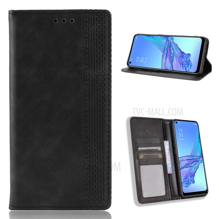 Vintage Style Shell Leather Wallet Stand Phone Case for Oppo A53(2020)/A32 (2020) - Black-1