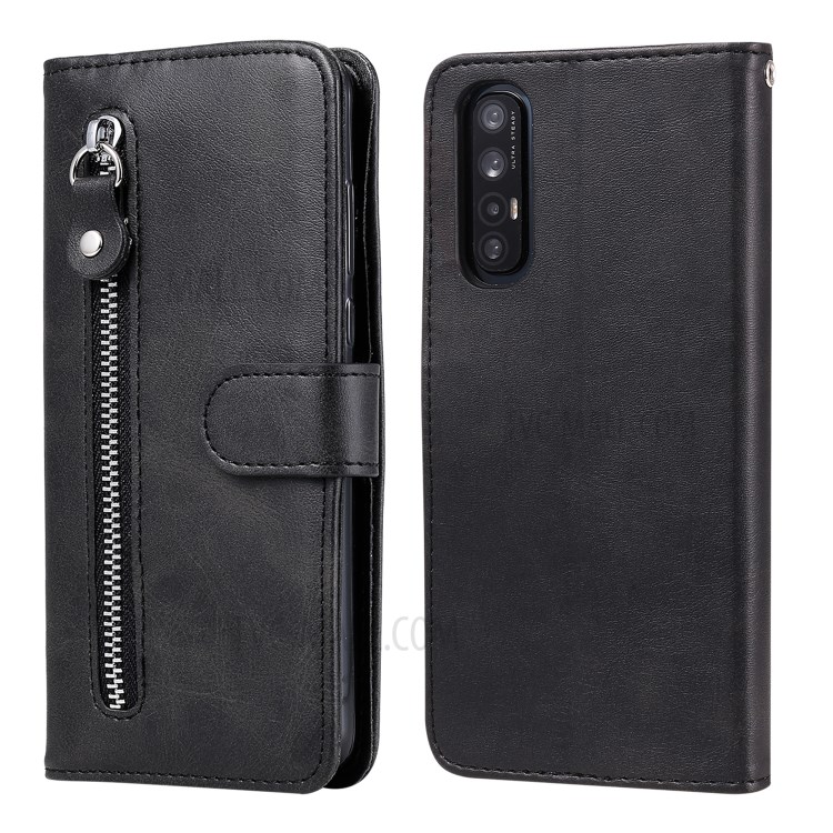 Zipper Pocket Leather Protector Wallet Case for OPPO Find X2 Neo/Reno3 Pro - Black-2