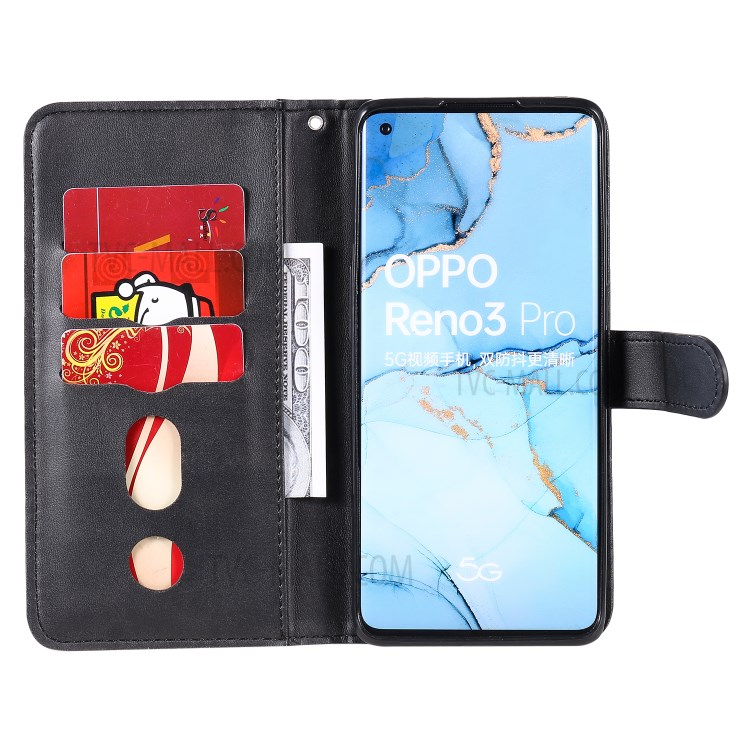 Zipper Pocket Leather Protector Wallet Case for OPPO Find X2 Neo/Reno3 Pro - Black-4