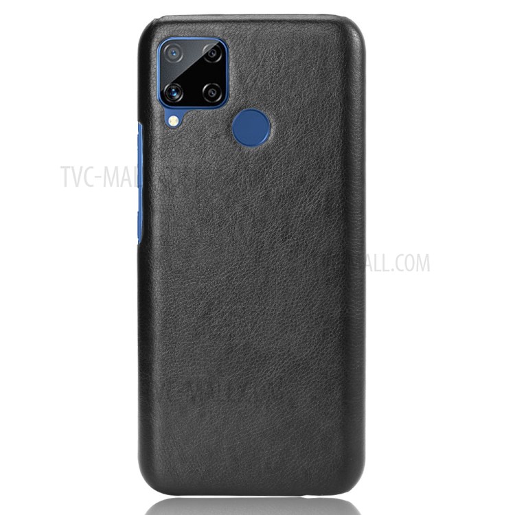 Litchi Skin Case PU Leather Coated PC Cool Design Shell for Realme C15 - Black-1