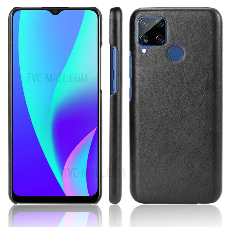 Litchi Skin Case PU Leather Coated PC Cool Design Shell for Realme C15 - Black-4