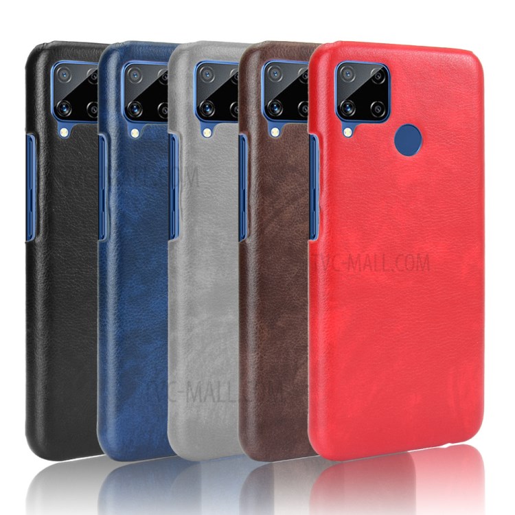 Litchi Skin Case PU Leather Coated PC Cool Design Shell for Realme C15 - Black-6