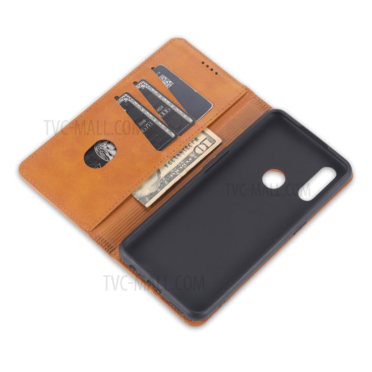 AZNS Magnetic Absorbed Leather Card Slots Mobile Phone Cover for Oppo A31 (2020)/A8 - Brown-9