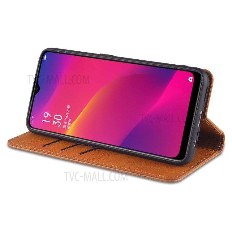 AZNS Magnetic Absorbed Leather Wallet Cover Case with Stand for OPPO A9 (2020)/A11x - Brown-6