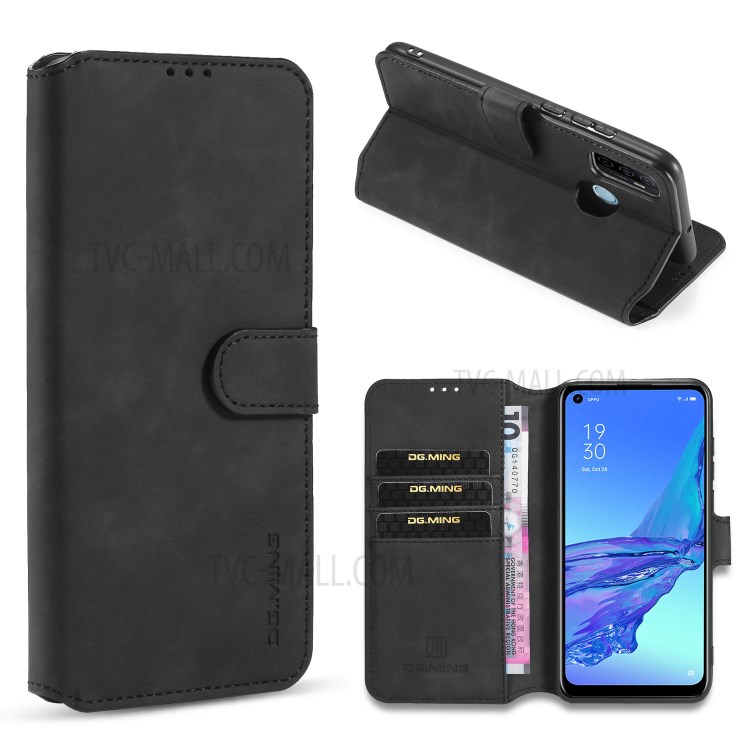 DG.MING Retro Style Leather Case for Oppo A53/A32 (2020) - Black-1