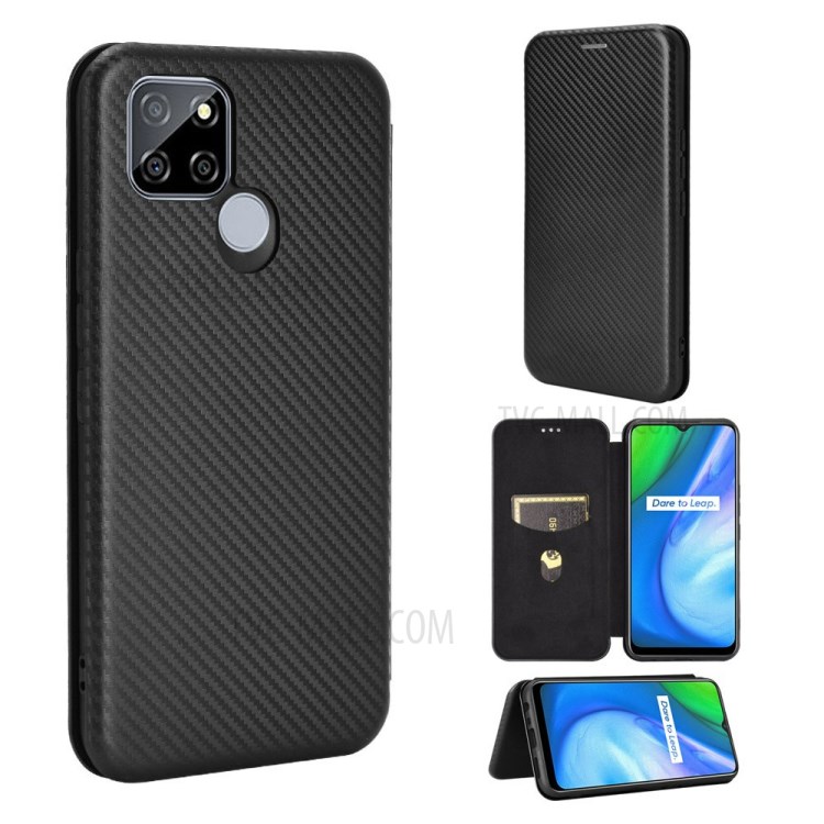 Carbon Fiber Auto-absorbed Leather Case with Card Holder for Realme V3 - Black-1