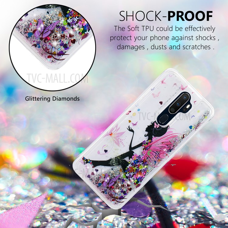 Embossed Pattern Glitter Powder Quicksand TPU Gel Case for OPPO A9 (2020) - Flower Fairy-2