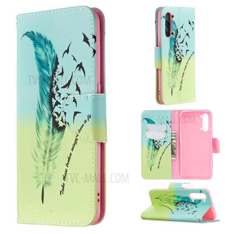 Pattern Printing Leather Wallet Protective Case for Oppo Find X2 Lite - Feather-1