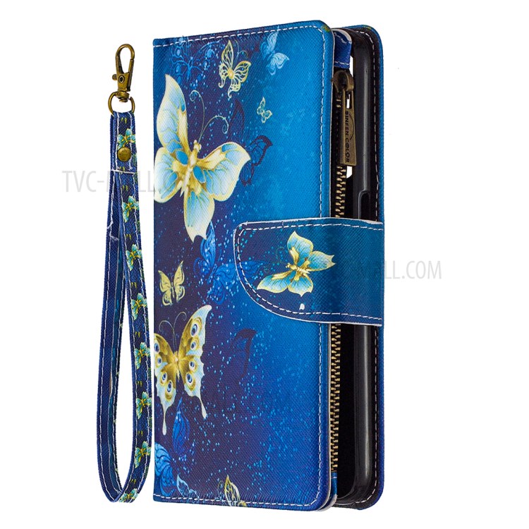 BF03 Pattern Printing Zipper Wallet Leather Phone Case for Realme 6 - Blue Butterfly-2