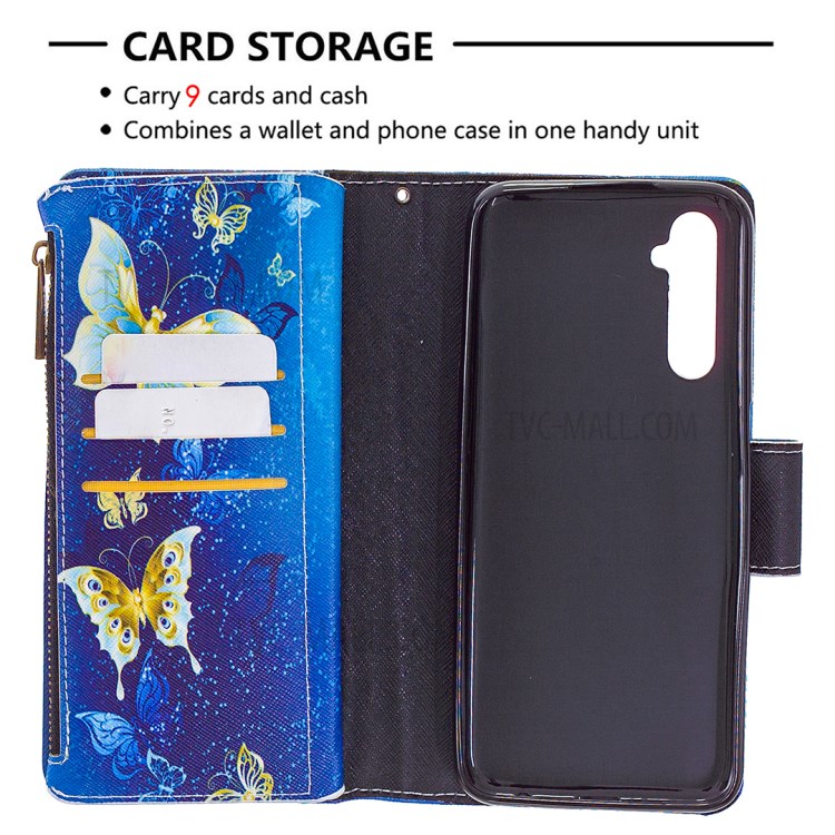 BF03 Pattern Printing Zipper Wallet Leather Phone Case for Realme 6 - Blue Butterfly-6