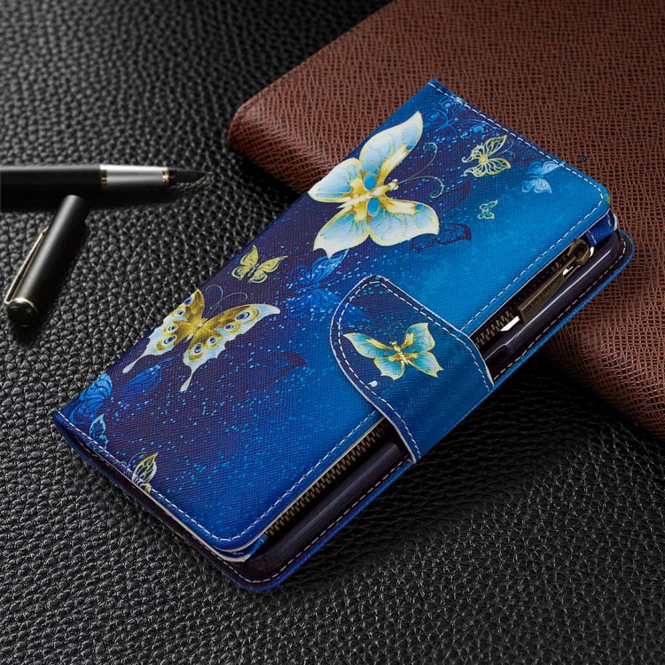 BF03 Pattern Printing Zipper Wallet Leather Phone Case for Realme 6 - Blue Butterfly-7