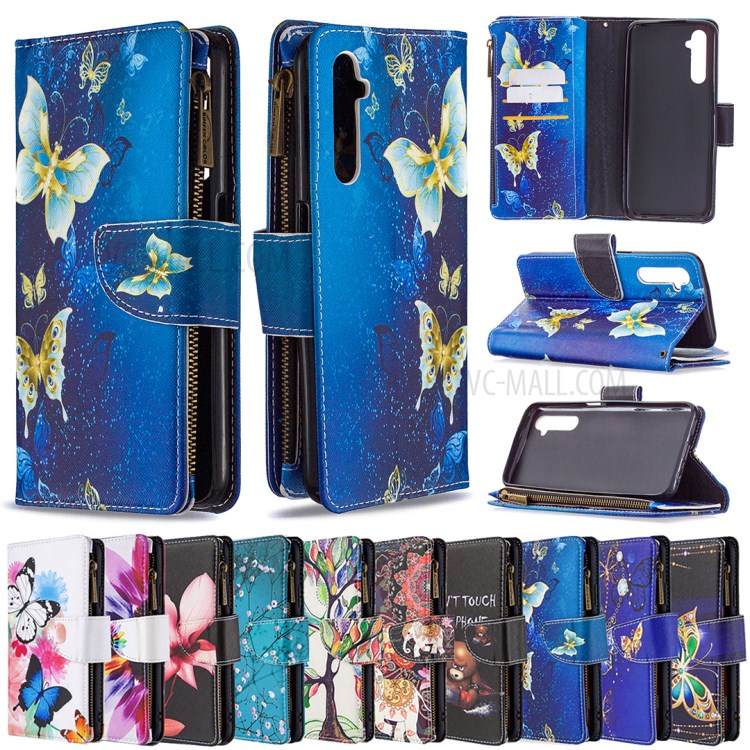 BF03 Pattern Printing Zipper Wallet Leather Phone Case for Realme 6 - Blue Butterfly-9