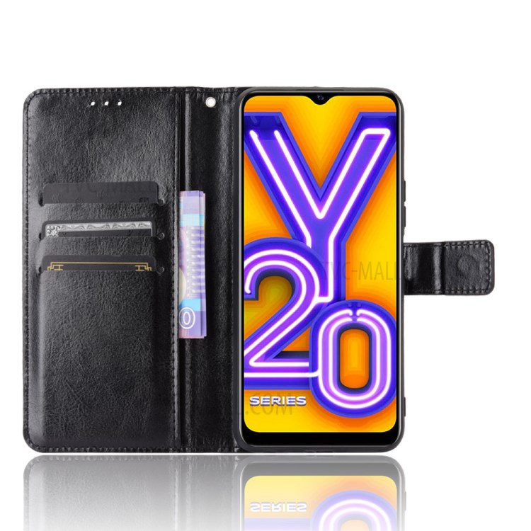 Crazy Horse Leather Shell with Wallet Stand Phone Cover for vivo Y20/Y20i - Black-4