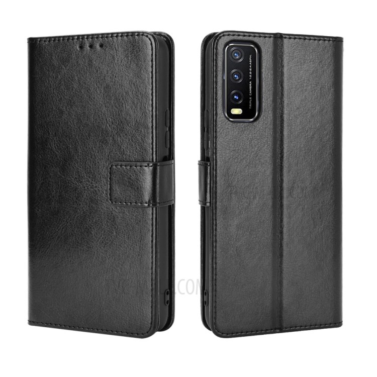 Crazy Horse Leather Shell with Wallet Stand Phone Cover for vivo Y20/Y20i - Black-7