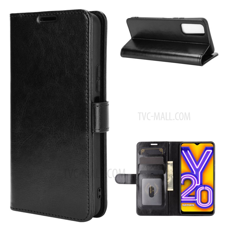 Crazy Horse Skin Leather Shell with Wallet Case for vivo Y20 - Black-1