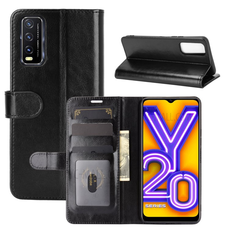 Crazy Horse Skin Leather Shell with Wallet Case for vivo Y20 - Black-8