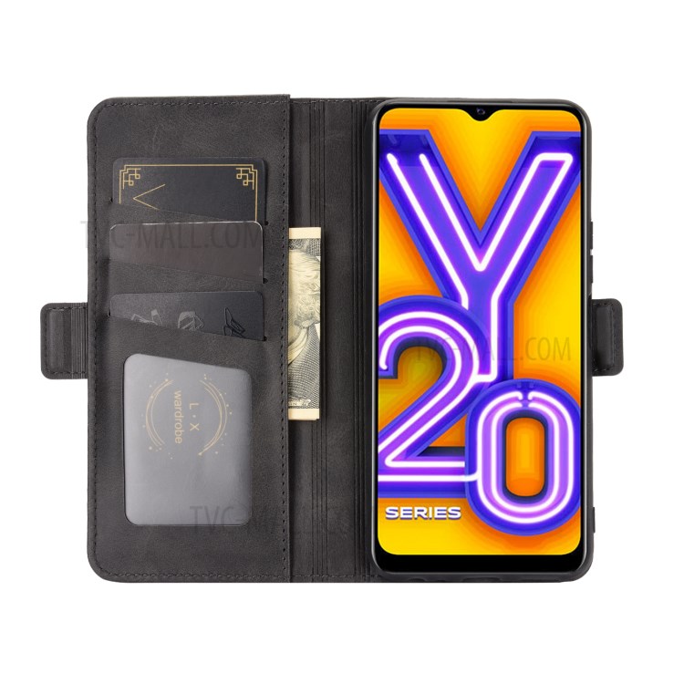 Double Clasp Flip Leather Wallet Stand Phone Cover for vivo Y20 - Black-3