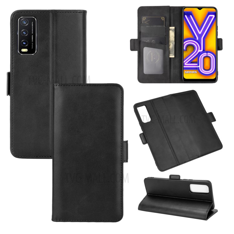 Double Clasp Flip Leather Wallet Stand Phone Cover for vivo Y20 - Black-5