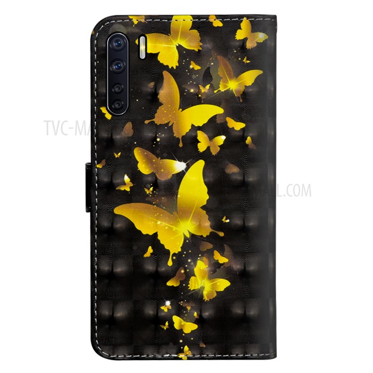 Light Spot Decor Pattern Printing Wallet Stand Leather Shell with Strap for OPPO Reno3/A91 - Gold Butterflies-3