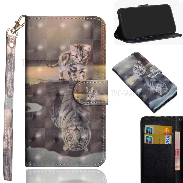 Leichtfleck Dekormuster Druck Brieftasche PU Leder Telefonhülle Mit Riemen Für Realme C11 - Katze Und Tigerreflexion