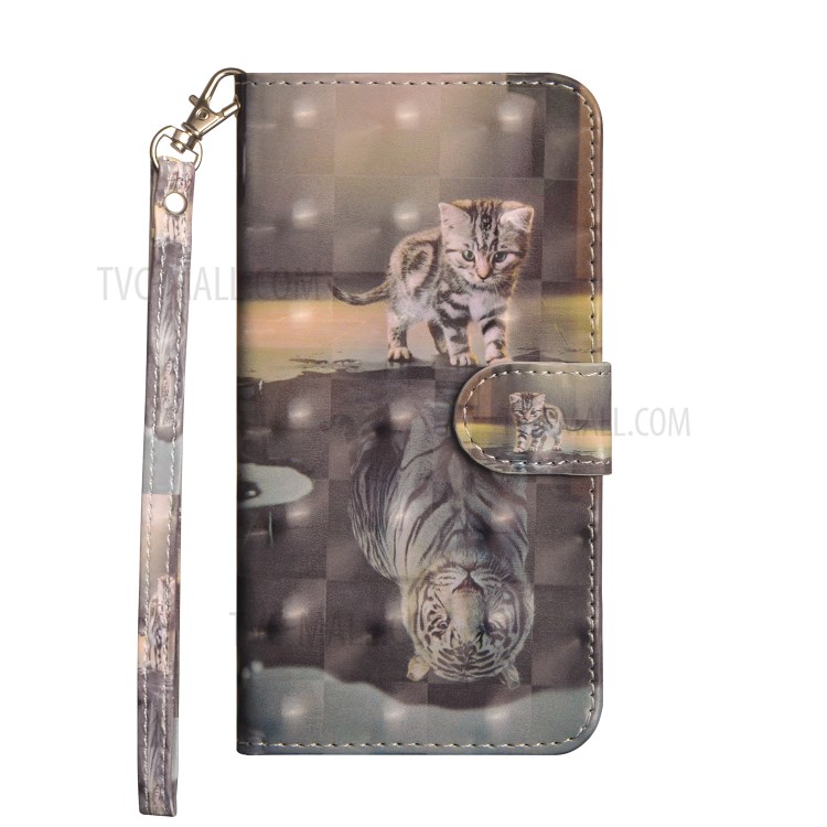 Motif de Décoration de Spot Léger Portefeuille pu en Cuir Puphone Case Avec Bracelet Pour le Royaume C11 - Réflexion du Chat et du Tigre