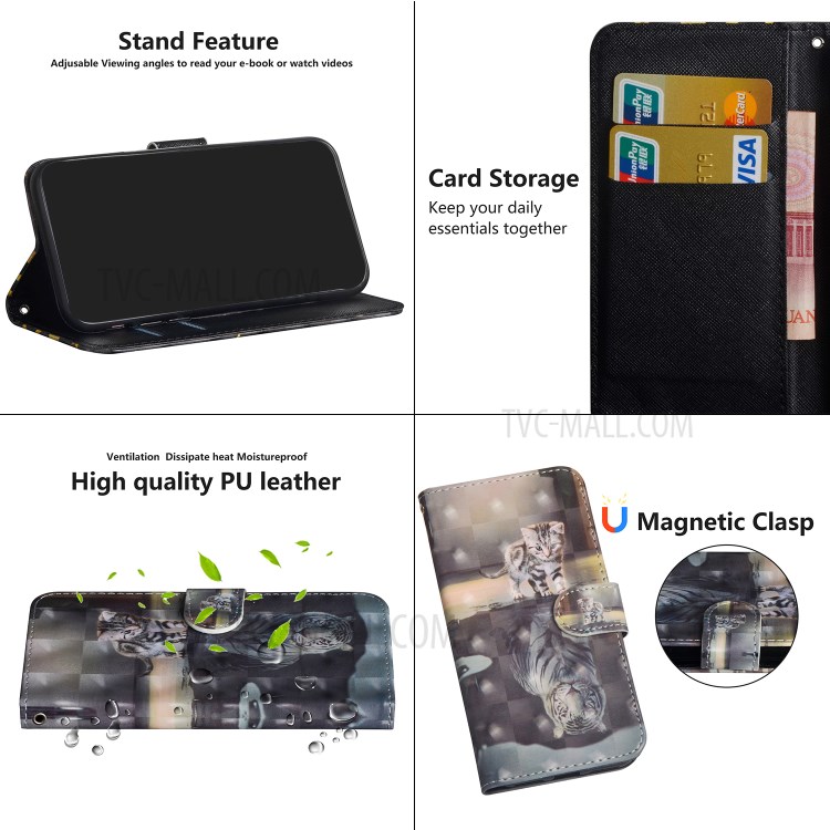 Light Spot Decor Pattern Printing Wallet PU Leather Phone Case with Strap for Realme C11 - Cat and Tiger Reflection-6