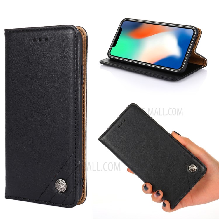 Retro Texture Leather Wallet Phone Stand Cover Case for OPPO A52 - Black