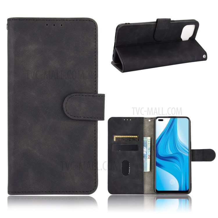 Skin-Touch Flip Leather Phone Case for Oppo F17 Pro/A93/Reno4 Lite - Black-1