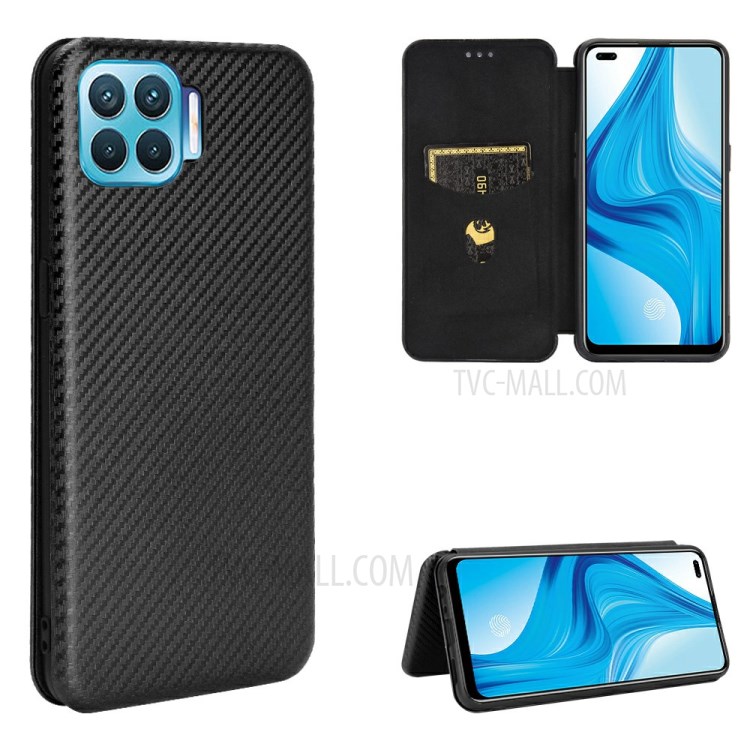 Auto-absorbed tpu + Carbon Fiber PU Leather Phone Cover for Oppo F17 Pro/A93/Reno4 Lite- Black-1