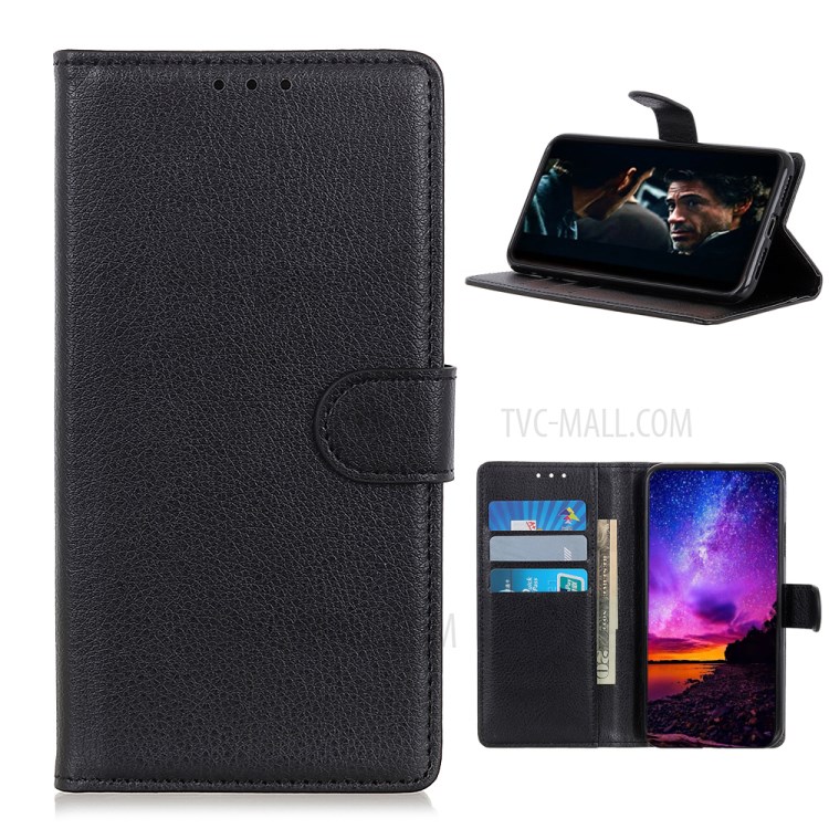 Litchi Skin PU Leather Protective Phone Case Wallet Stand Shell for Realme 7 - Black-1