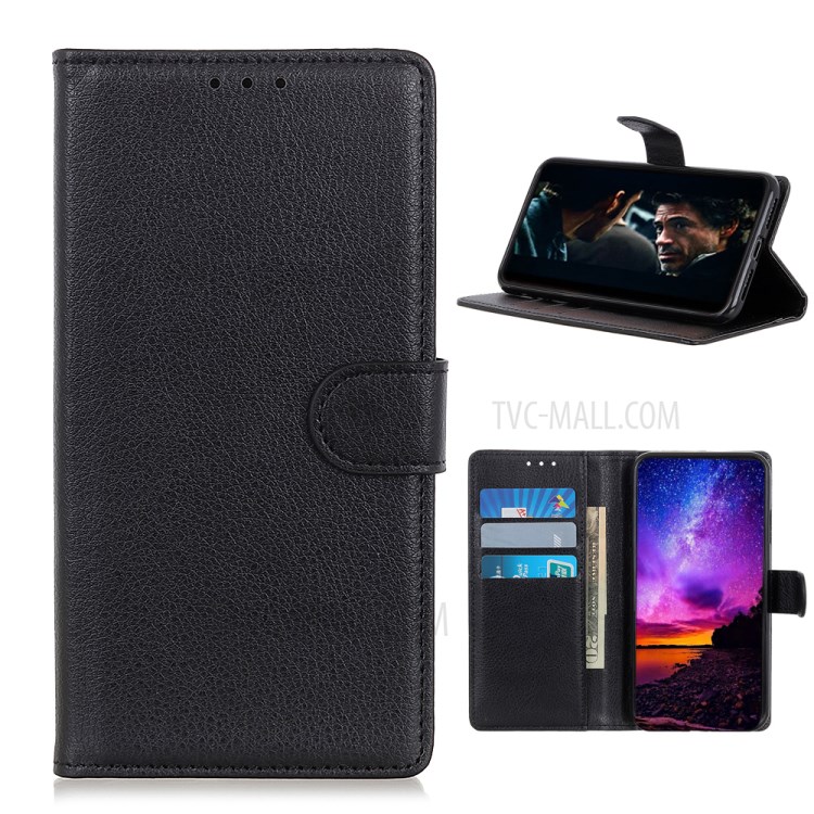Litchi Skin Leather Flip Wallet Stand Protective Shell for Realme C12 - Black-1