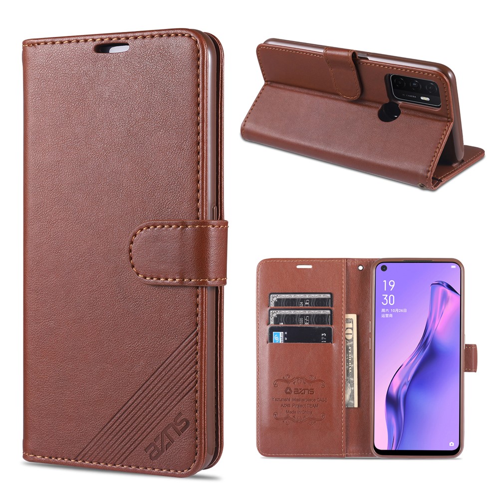 AZNS TPU + PU Leather Wallet Stand Phone Protective Case for Oppo A32 (2020)/A53 (2020) - Brown-1