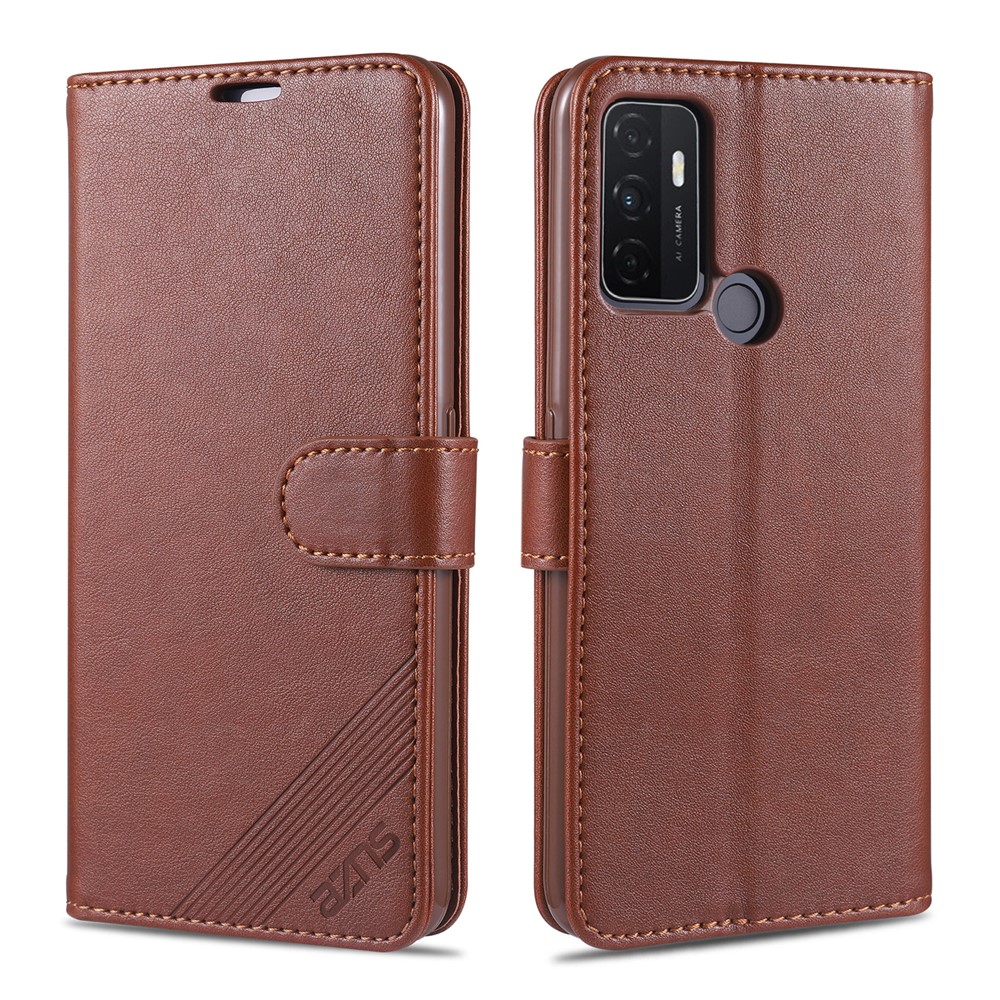 AZNS TPU + PU Leather Wallet Stand Phone Protective Case for Oppo A32 (2020)/A53 (2020) - Brown-3