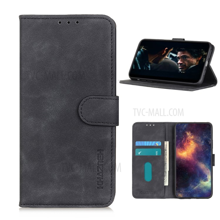 KHAZNEH Leather Wallet Phone Cover Shell with Vintage Surface for Realme C12- Black-1