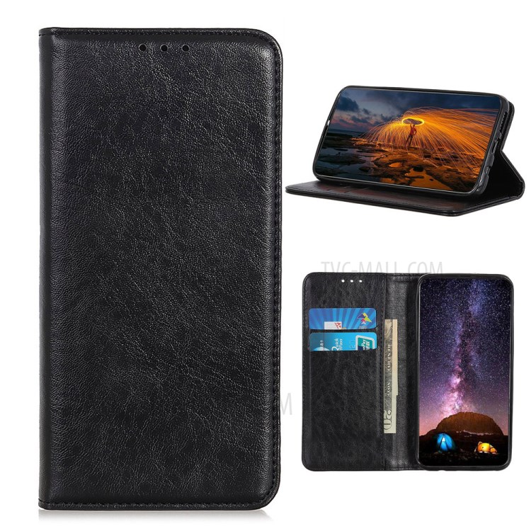 Cuero De Caballo Cáscara De Auto-absorción Loca Cubierta Del Teléfono De La Carpeta Para Realme 7 (Asia) / (global) - Negro-1