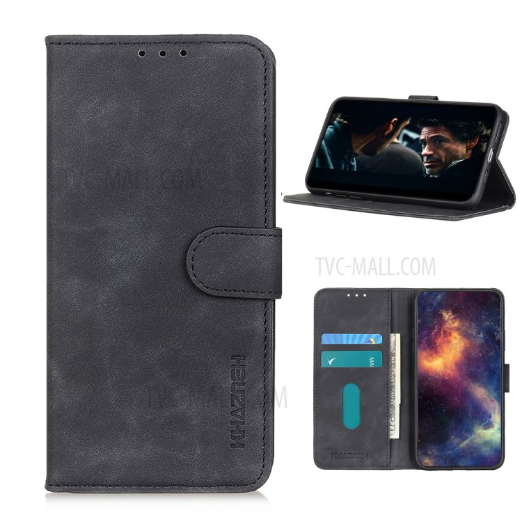 KHAZNEH Vintage Style Leather Wallet Stand Phone Cover Shell for Realme 7 (Global)/(Asia) - BBlack-1