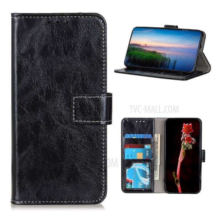 Vintage Style Crazy Horse Leather Wallet Phone Cover Case for Oppo F17/A73 2020 - Black-1