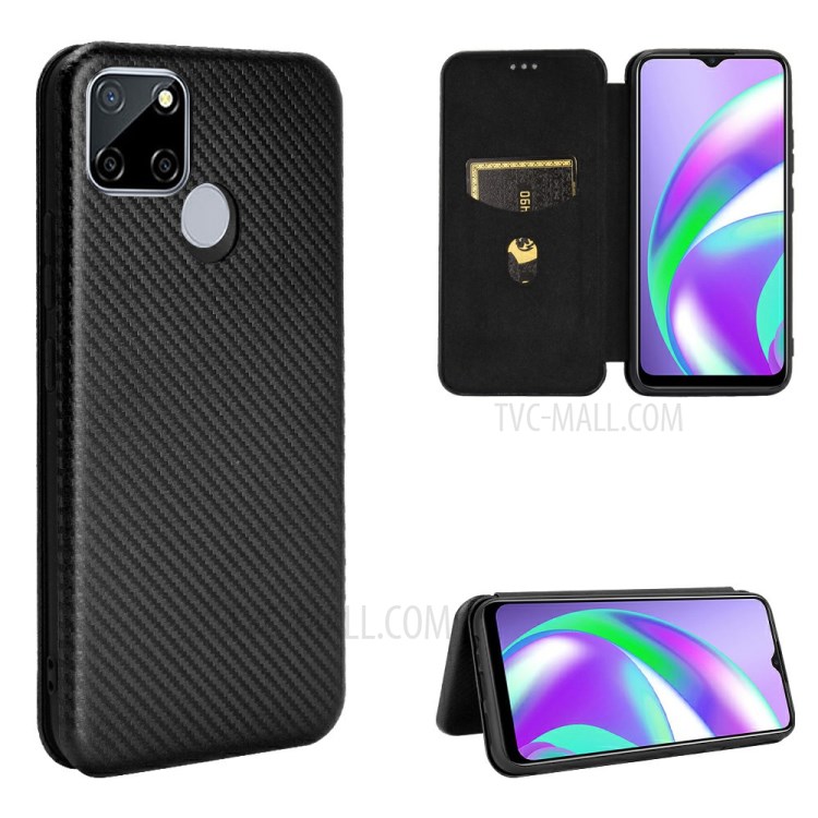 Auto-absorbed Carbon Fiber Leather Cover with Card Slot for Realme C12/Narzo 20 - Black-1
