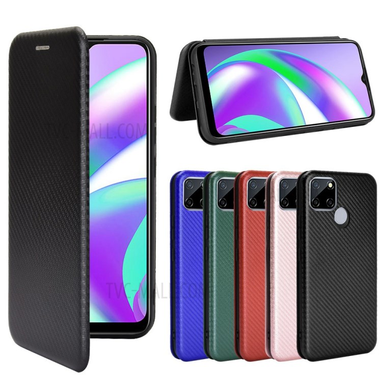 Auto-absorbed Carbon Fiber Leather Cover with Card Slot for Realme C12/Narzo 20 - Black-13
