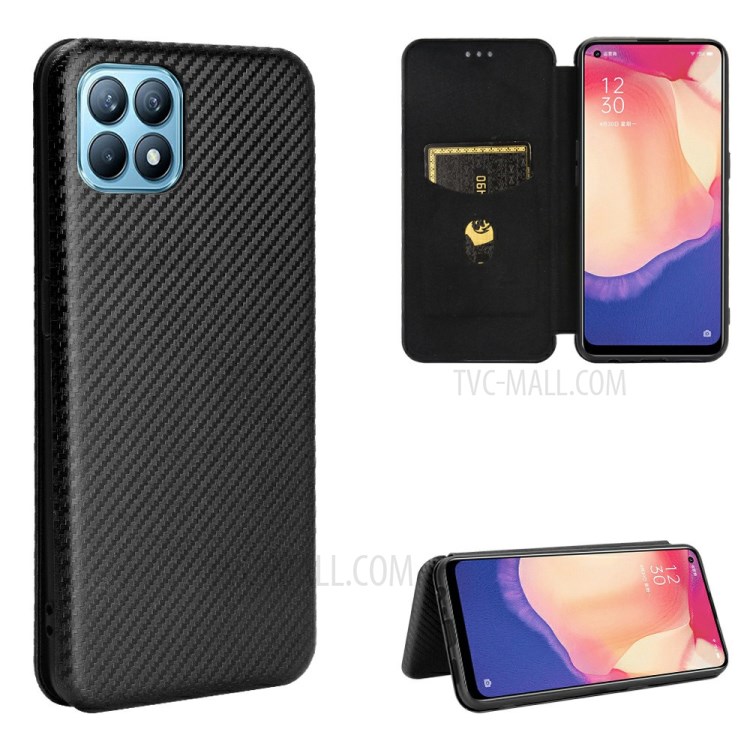Carbon Fiber Auto-absorbed Leather Shell with Card Holder for Oppo Reno4 SE - Black-1