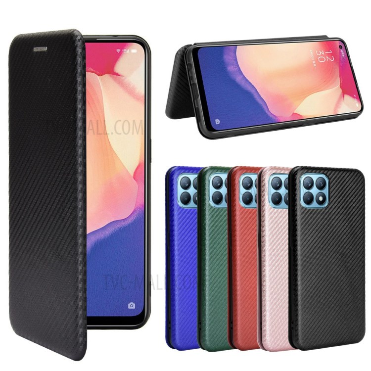 Carbon Fiber Auto-absorbed Leather Shell with Card Holder for Oppo Reno4 SE - Black-13